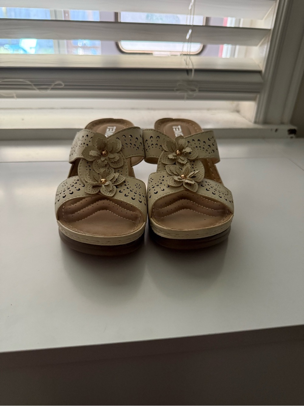 Floral Embellished Cream Slip-On Sandals